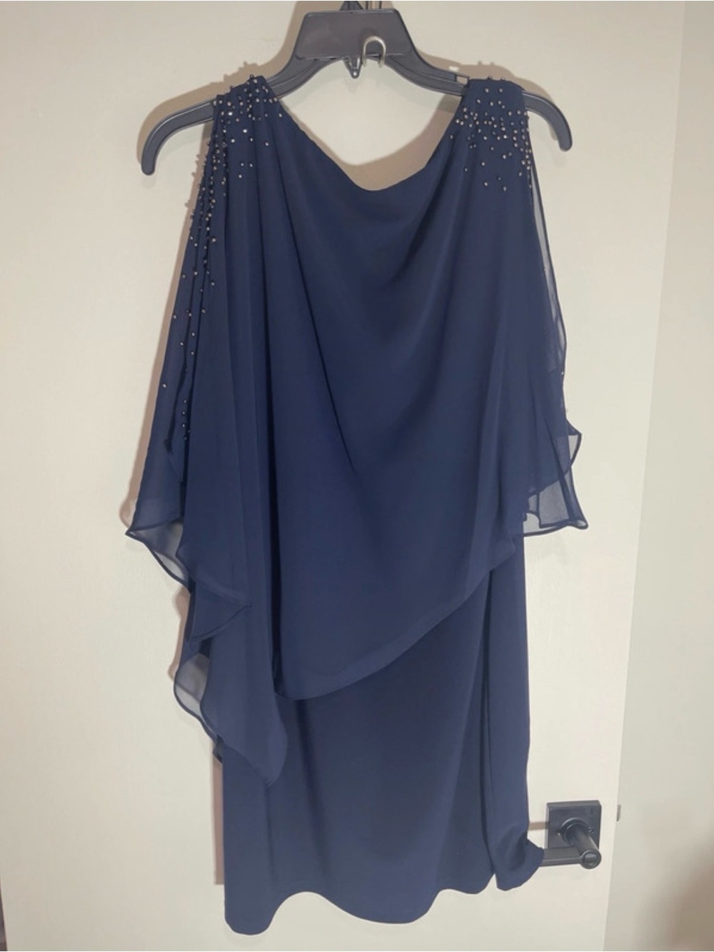 Navy Embellished Cape Sleeve Dress